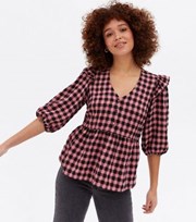 New Look Pink Check Frill Button Front Peplum Blouse